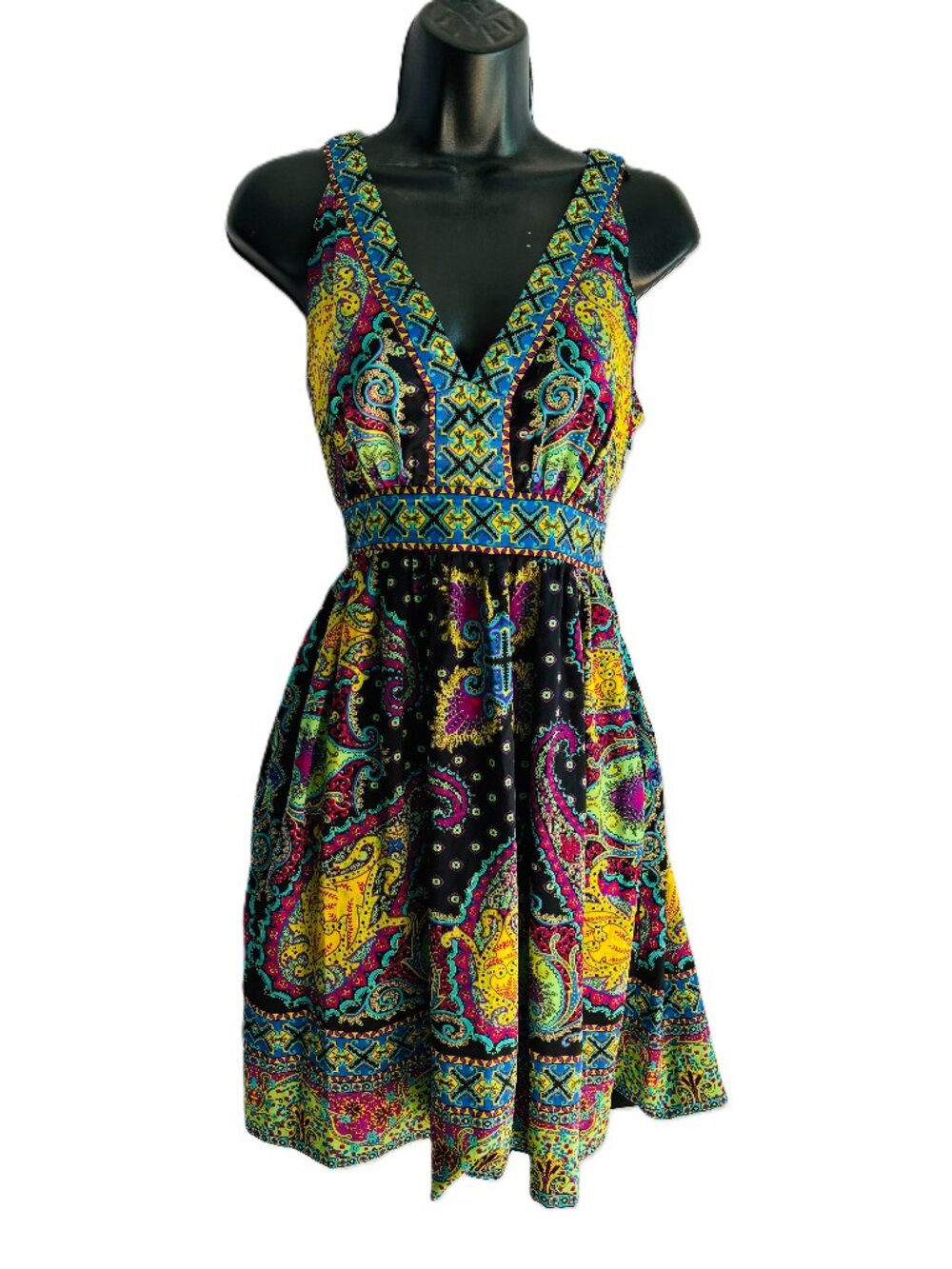 Y2K ICE Silky Paisley Bohemian print dress V neck , zipper sz 8